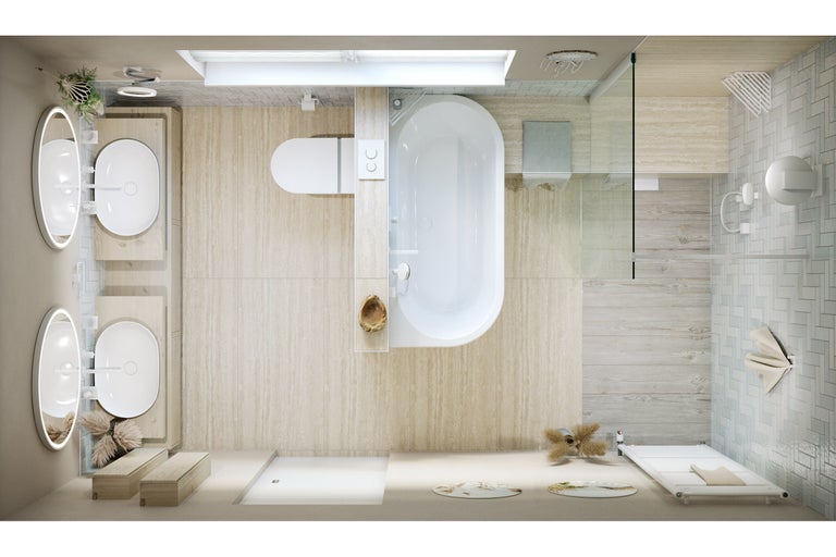 Vue plongeante d'une salle de bains avec baignoire, douche, lavabo et toilettes.