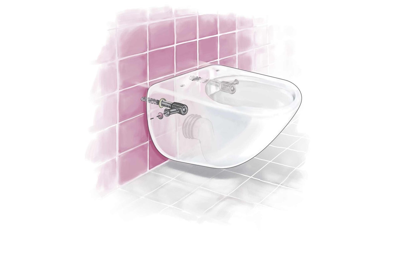 Wandhängendes WC mit Montageanleitung und Befestigungsmaterial.