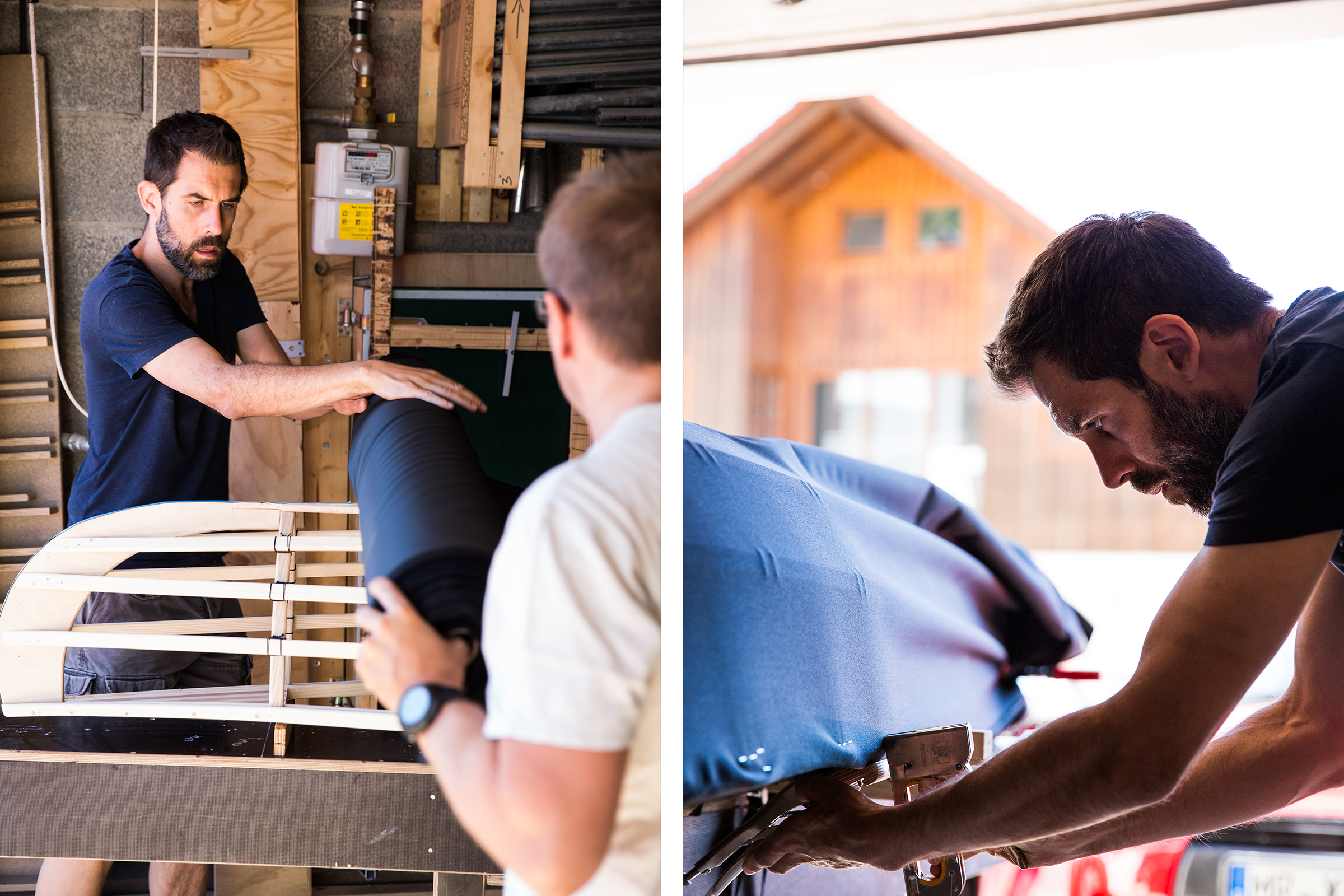 Deux personnes travaillent sur un projet de rembourrage dans un atelier.
