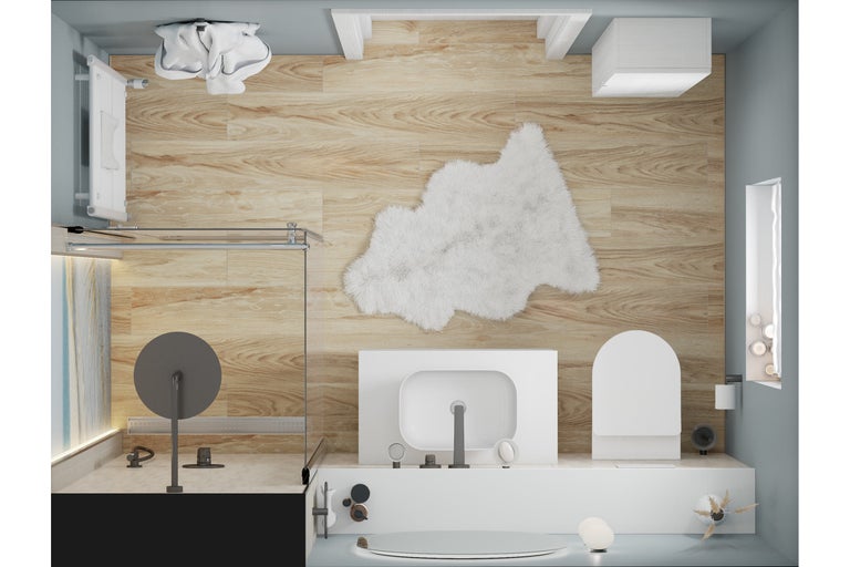 Vue de dessus d'une salle de bains lumineuse avec douche, lavabo, toilettes et parquet