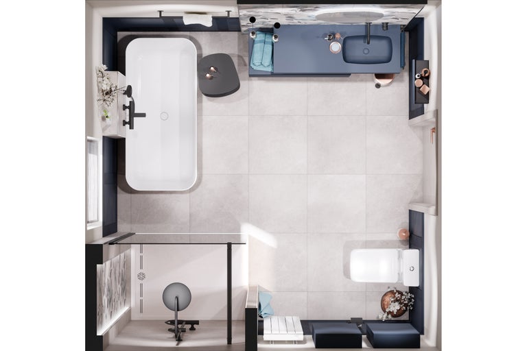 Draufsicht eines Badezimmers mit Badewanne, Waschtisch, Dusche und Toilette