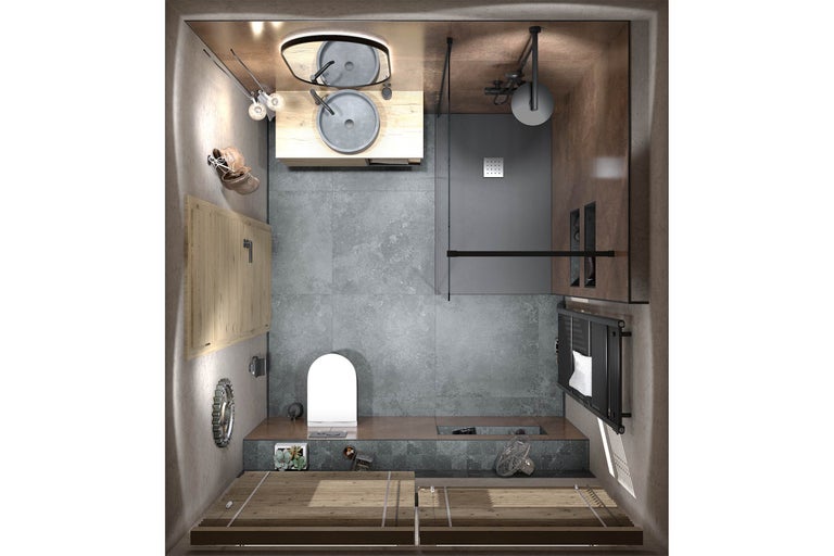 Vue de dessus d'une salle de bains avec douche, lavabo, toilettes et radiateur