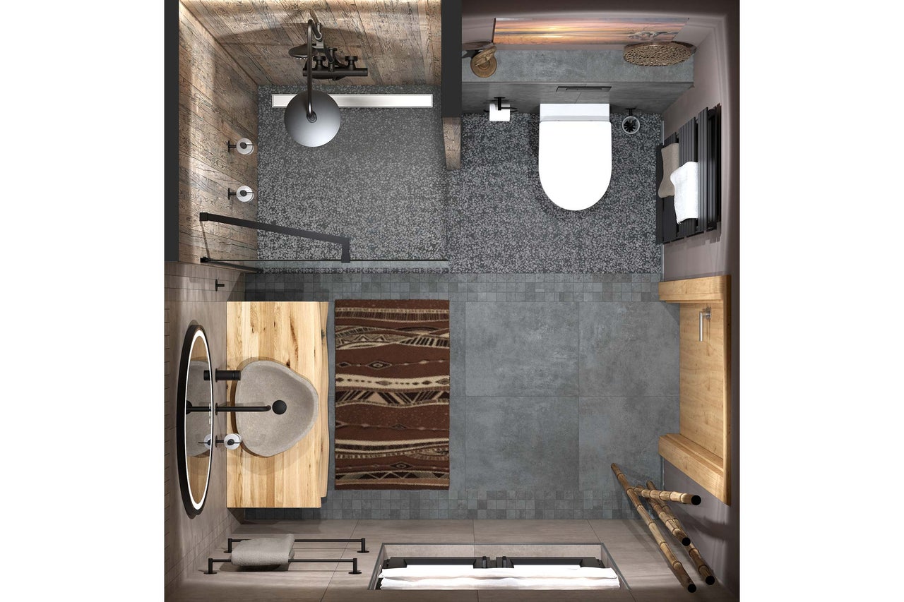 Badezimmer in der Draufsicht mit begehbarer Dusche, Steinwaschbecken auf Holzplatte, Wand-WC und grauen Bodenfliesen.