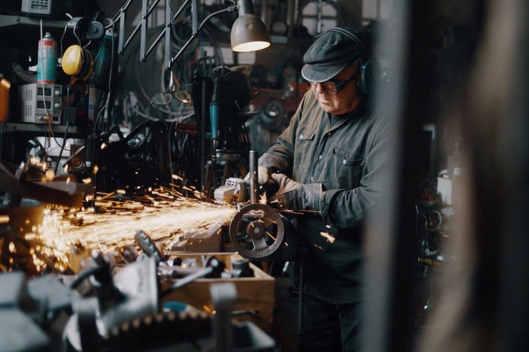 Un homme travaille le métal avec une meuleuse, des étincelles jaillissent.