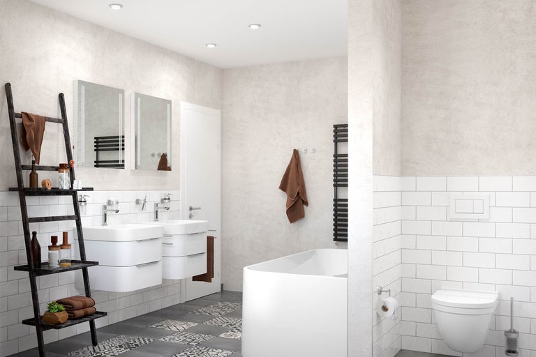 Helles Badezimmer mit Doppelwaschbecken, Badewanne, Toilette und dekorativer Leiter