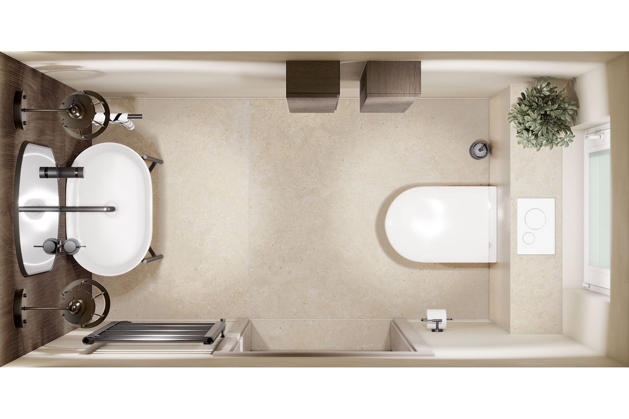 Draufsicht eines modernen Badezimmers mit ovalem Waschbecken, wandhängender Toilette, dunklen Armaturen und beigen Fliesen in Steinoptik.