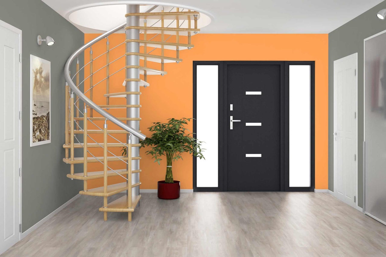 Intérieur avec escalier en colimaçon en bois et métal, porte et plante d'intérieur