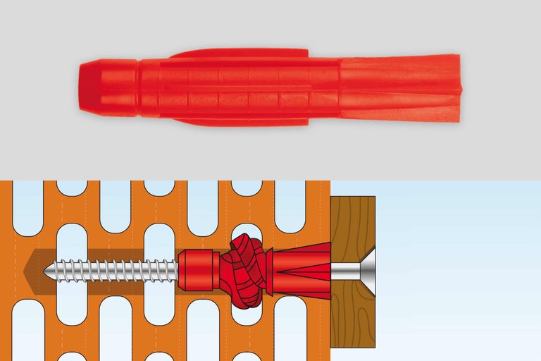 Cheville à expansion en plastique et illustration du montage dans une brique perforée
