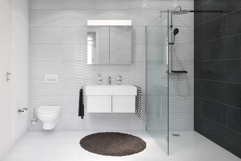 Salle de bains avec meuble sous-lavabo, armoire de toilette, WC et douche