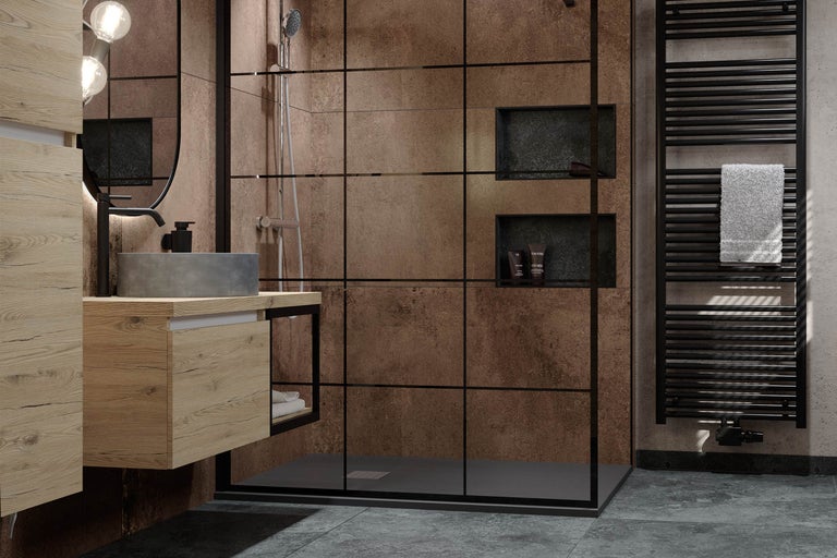 Salle de bains moderne avec douche, lavabo et sèche-serviettes