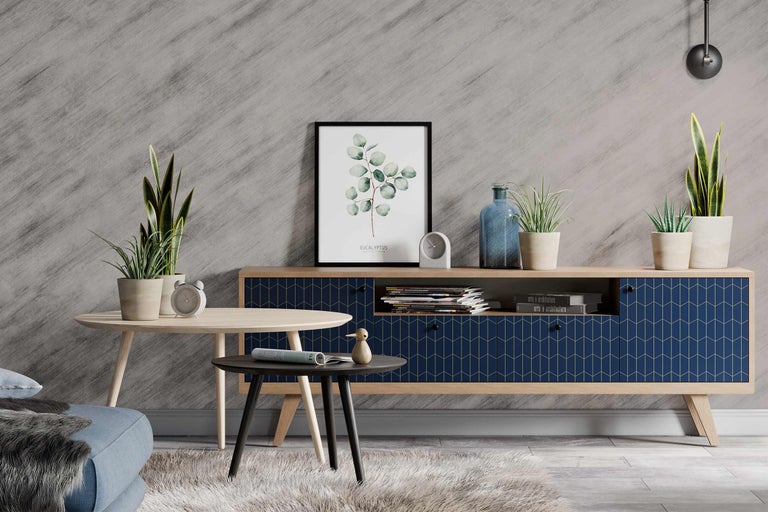 Salon avec commode, tables et plantes d'intérieur