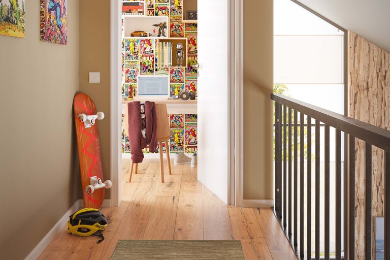 Flur mit Schreibtisch, Skateboard und Comic-Tapete