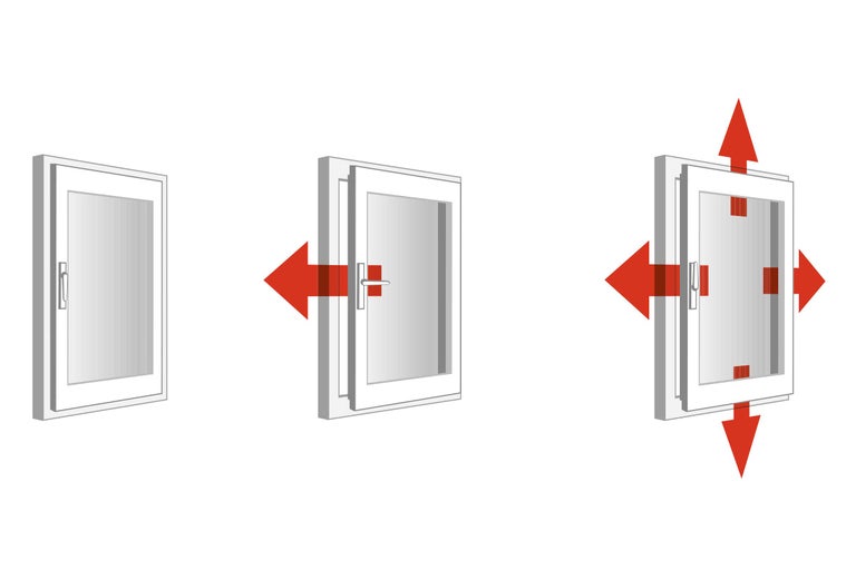 Illustration d'une porte avec des flèches indiquant les options d'ajustement.