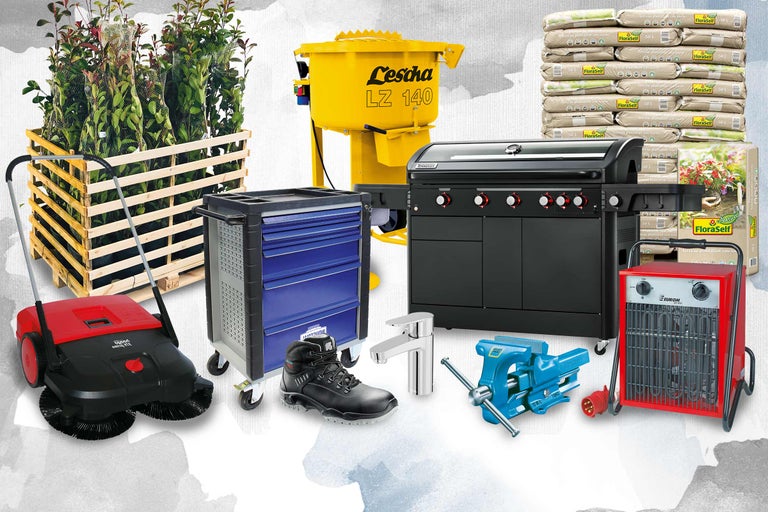 Produktübersicht für Garten und Werkstatt mit Pflanzen, Betonmischer, Werkzeugwagen, Grill, Pflanzerde, Handfeger, Wasserhahn, Schraubstock, Sicherheitsschuhen und Heizlüfter
