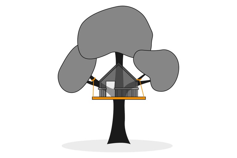 Illustration eines Baumhauses mit Plattform, kleinem Haus und Seilen