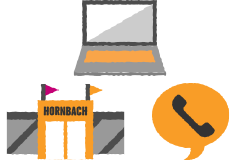 Représentation symbolique d'un ordinateur portable, d'un magasin de bricolage Hornbach et d'une conversation téléphonique