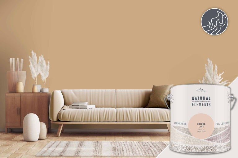 Exemple d'un salon aux couleurs sable avec un motif de bidon de peinture