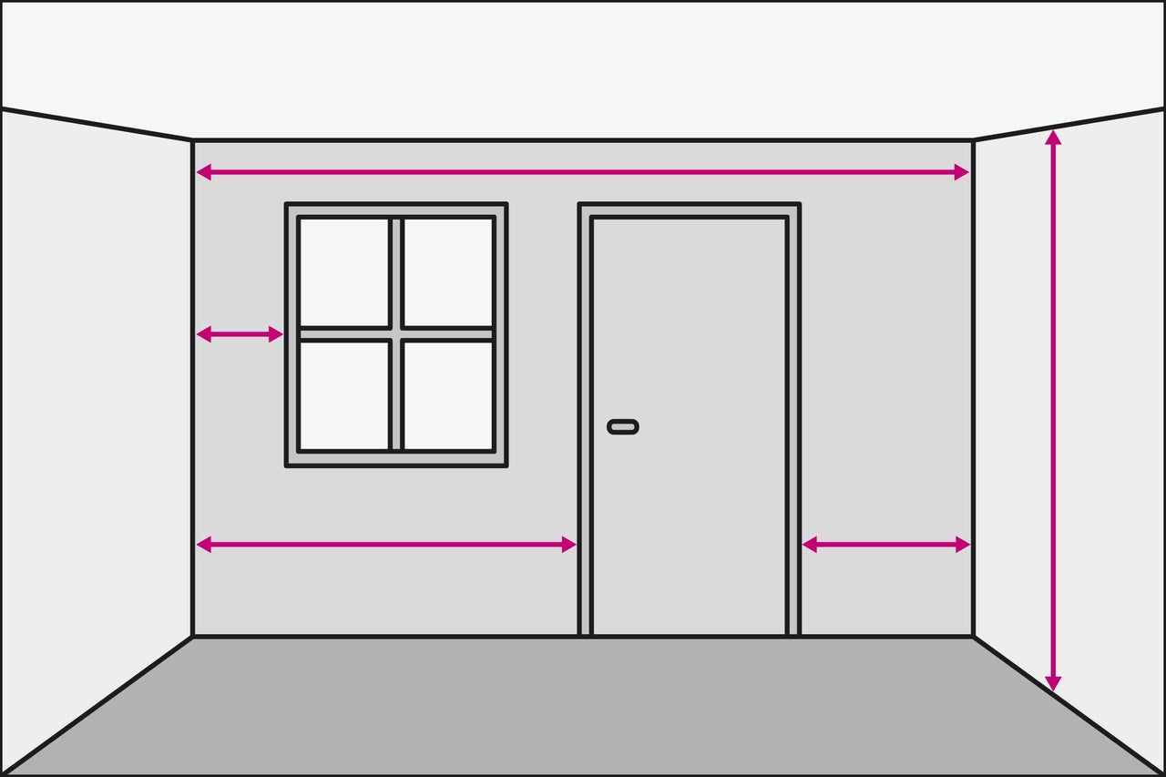 Raumansicht mit Massangaben für Fenster, Tür und Wand