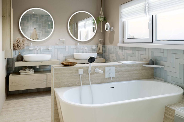 Salle de bain lumineuse avec baignoire, lavabos et miroirs ronds avec éclairage