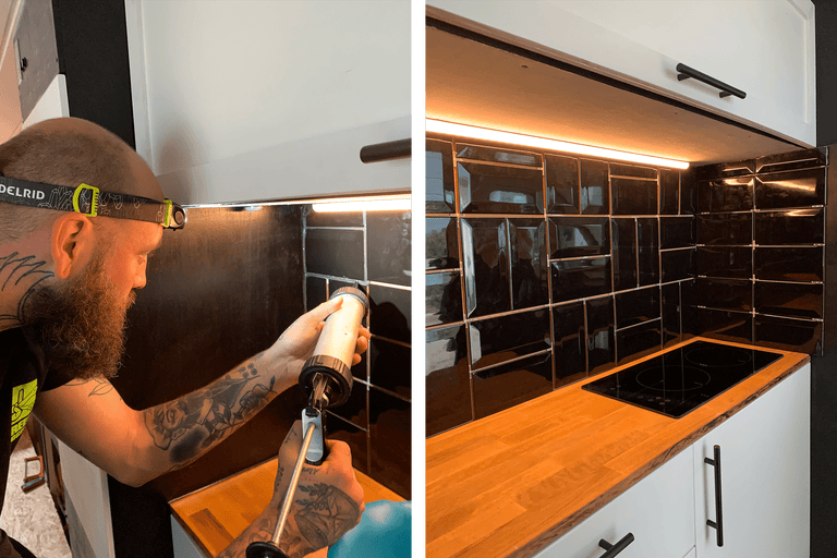 Installation d'une crédence de cuisine avec un miroir en carreaux noirs et un éclairage LED