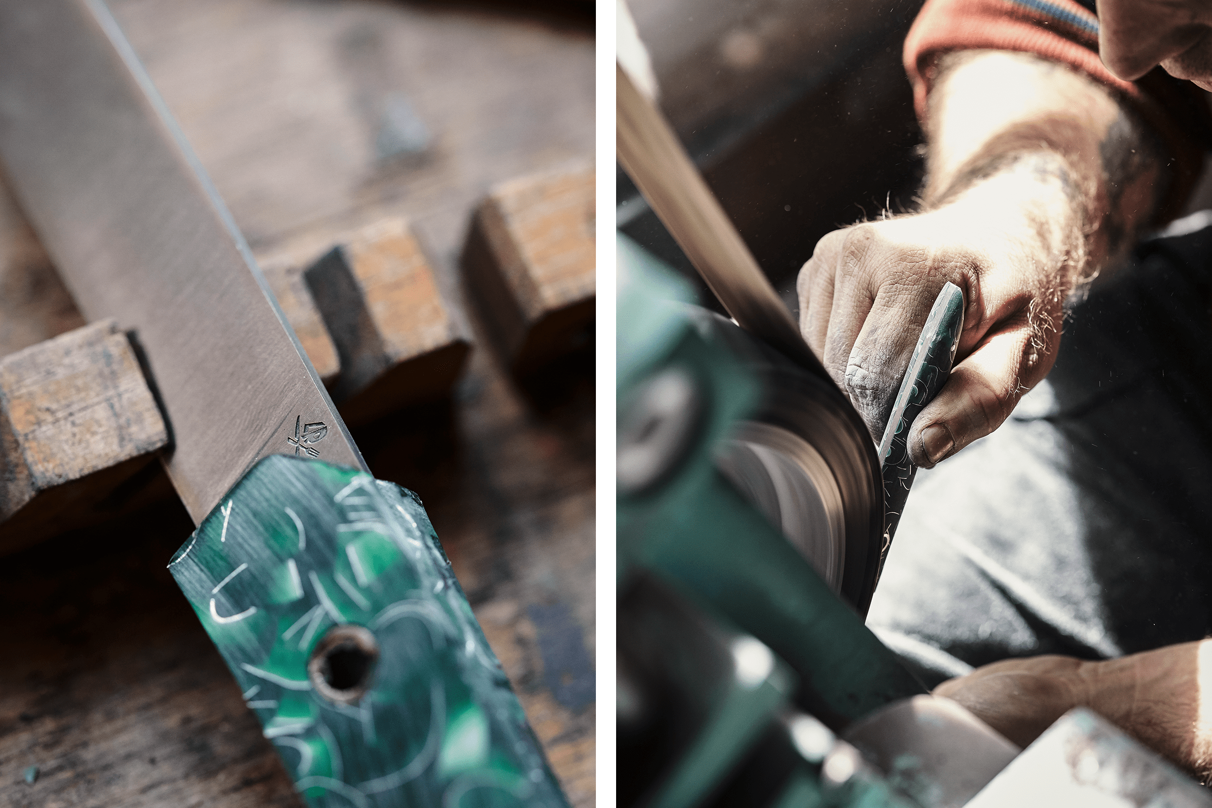 Fabrication de couteaux : gros plan sur un couteau et une personne en train de l’aiguiser avec une meule.