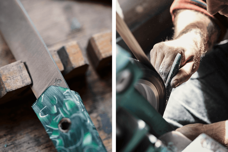 Fabrication de couteaux : gros plan sur un couteau et une personne en train de l’aiguiser avec une meule.