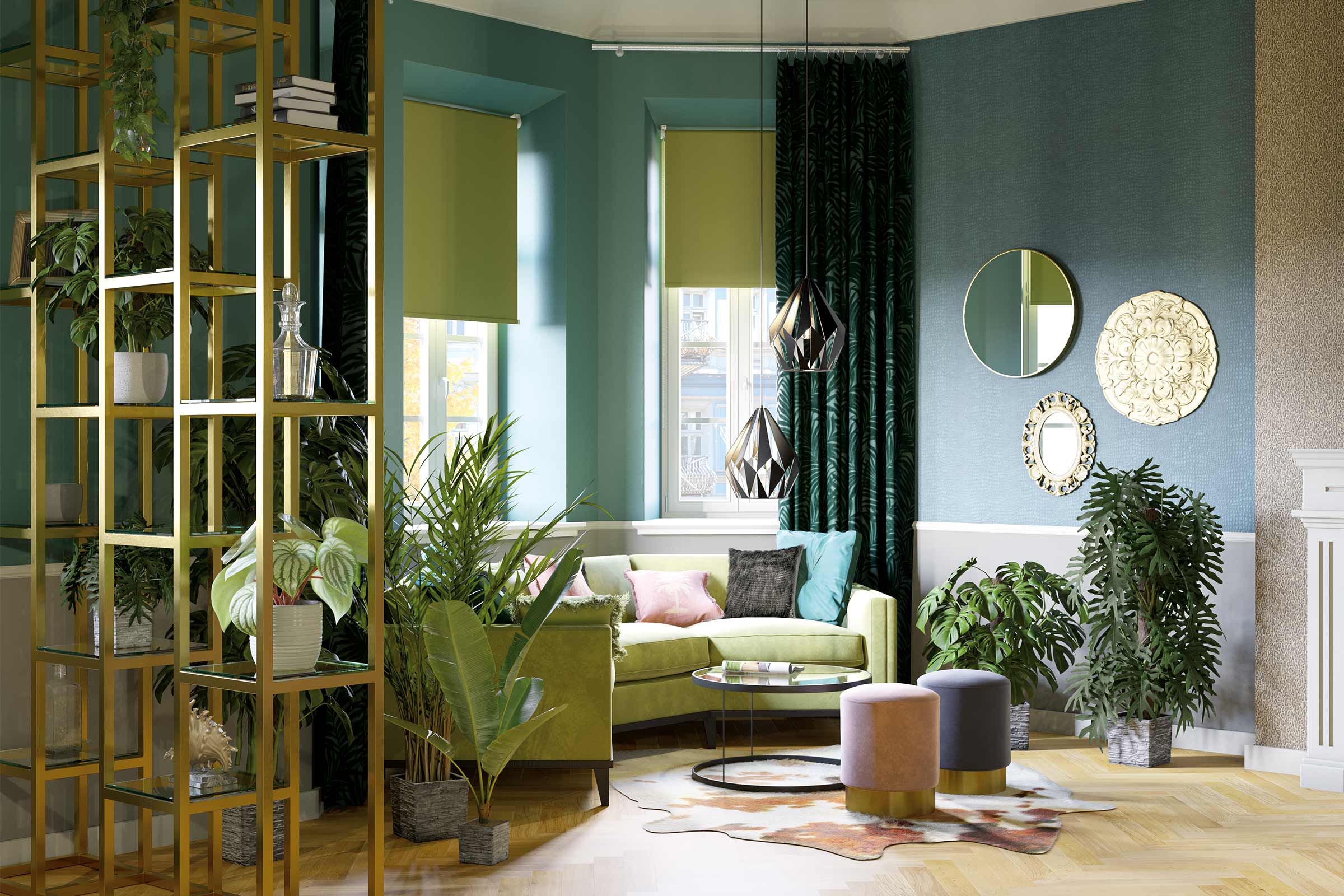 Salon avec canapé vert, plantes, étagères et éléments décoratifs pour une ambiance vivante