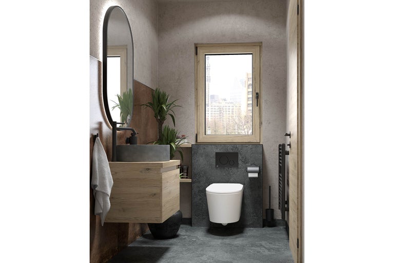 Salle de bain moderne avec lavabo, miroir, toilettes et fenêtre