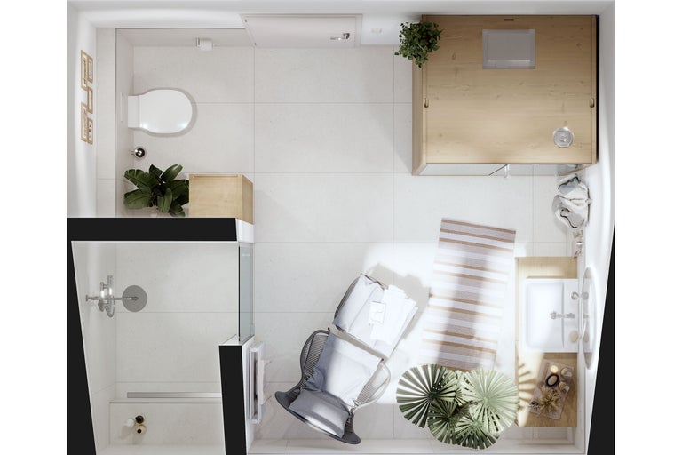 Vue aérienne d'une salle de bains avec douche, toilettes, lavabo, sauna et sièges