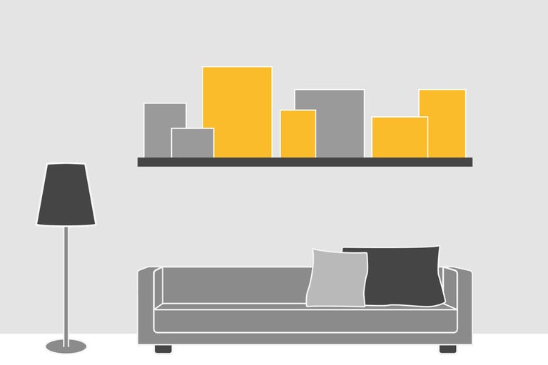 Illustration eines Wohnzimmers mit Sofa, Stehlampe und Regal