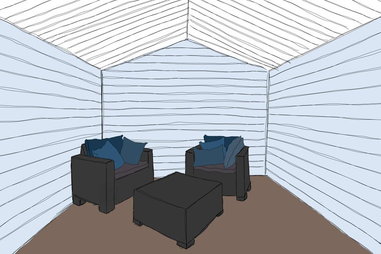 Croquis d'une scène de jardin avec deux chaises, des coussins et une table dans une pièce lumineuse