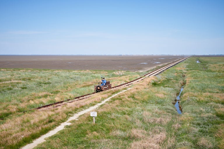 Vue paysagère avec des rails et un wagonnet dans la mer des Wadden