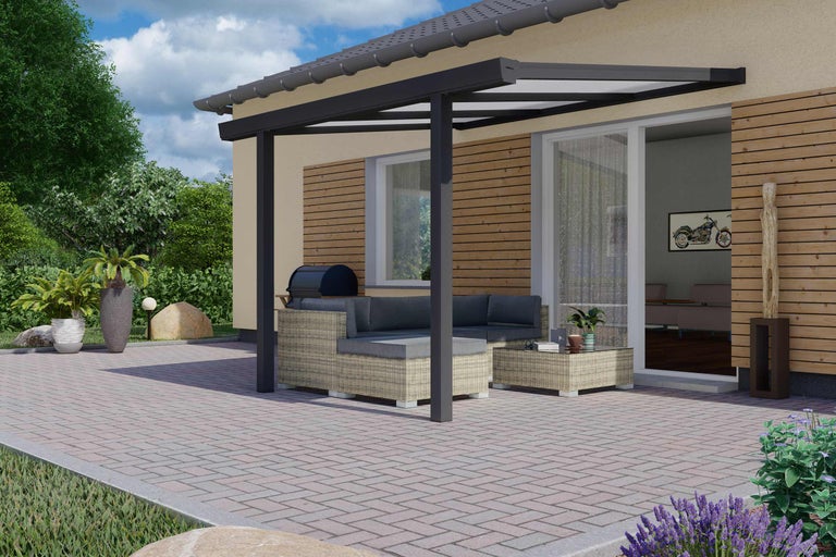 Terrasse avec toit de terrasse, coin salon et barbecue