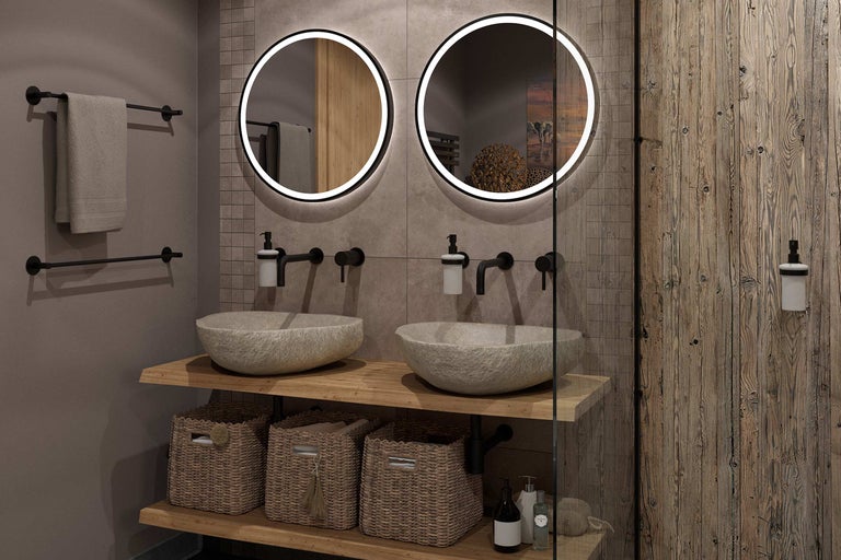 Salle de bains moderne avec double vasque, miroirs ronds à éclairage LED et étagères en bois