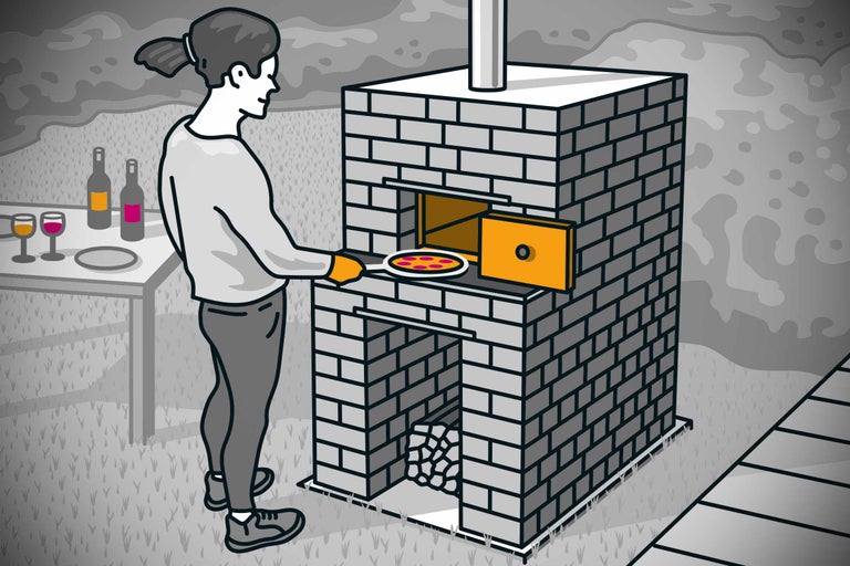 Illustration einer Person, die eine Pizza in einen Pizzaofen schiebt, mit Tisch, Weinflaschen und Gläsern im Hintergrund