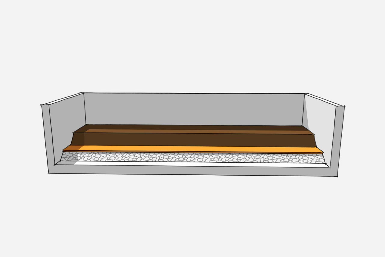 Querschnitt eines Terrassenaufbaus mit Bodenplatten und Untergrund