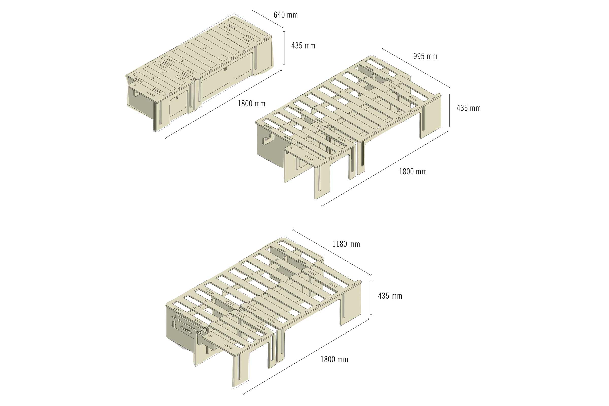 Présentation d'un système de lit à étagères avec indications de dimensions