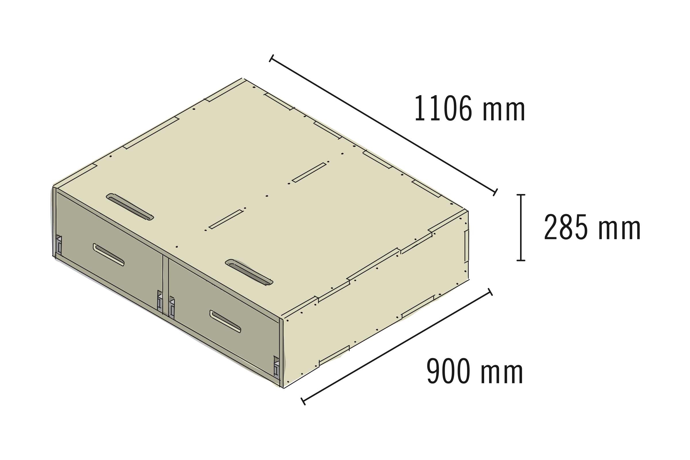 Plan de construction d'un élément de tiroir avec des dimensions de 1106 mm, 900 mm et 285 mm