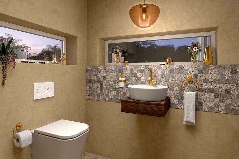 Badezimmer mit Toilette, Waschtisch, Spiegel und Beleuchtung in hellem Design