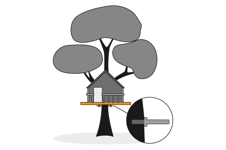 Illustration eines Baumhauses mit Detailansicht einer Schraube