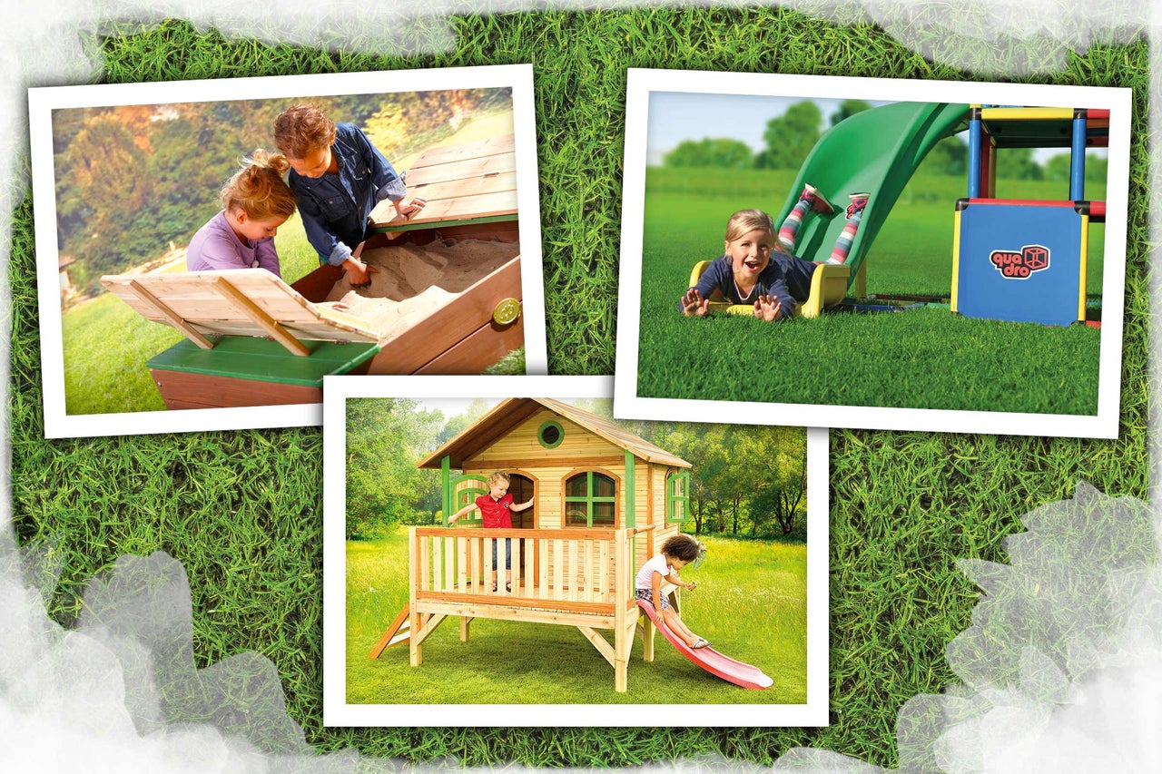 Fotocollage von Kinderspielgeräten für den Garten, darunter ein Sandkasten, ein Spielhaus und eine Rutsche