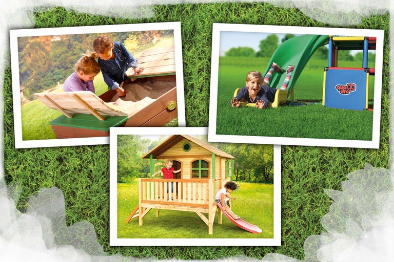 Fotocollage von Kinderspielgeräten für den Garten, darunter ein Sandkasten, ein Spielhaus und eine Rutsche