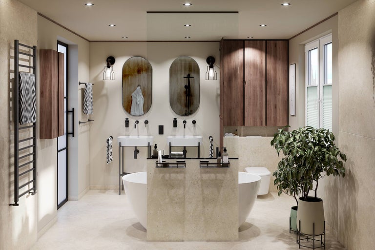 Salle de bains moderne avec double lavabo, miroirs ovales, baignoire en îlot, meubles en bois et radiateur sèche-serviettes.