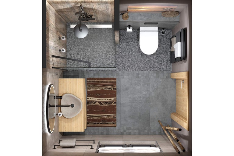 Vue de dessus d'une salle de bains avec douche, toilettes, lavabo, miroir et baignoire