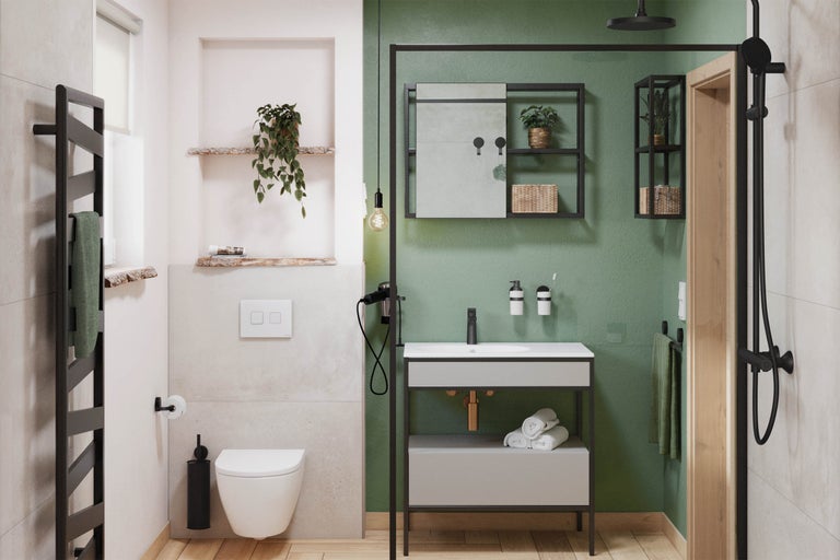 Badezimmer mit Waschtisch, Toilette, Handtuchwärmer und Dusche