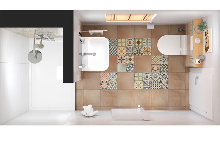 Badezimmer mit Dusche, Waschbecken, Toilette und Fliesen in verschiedenen Mustern