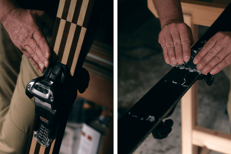 Deux images côte à côte : un ski avec fixation est en cours de préparation.