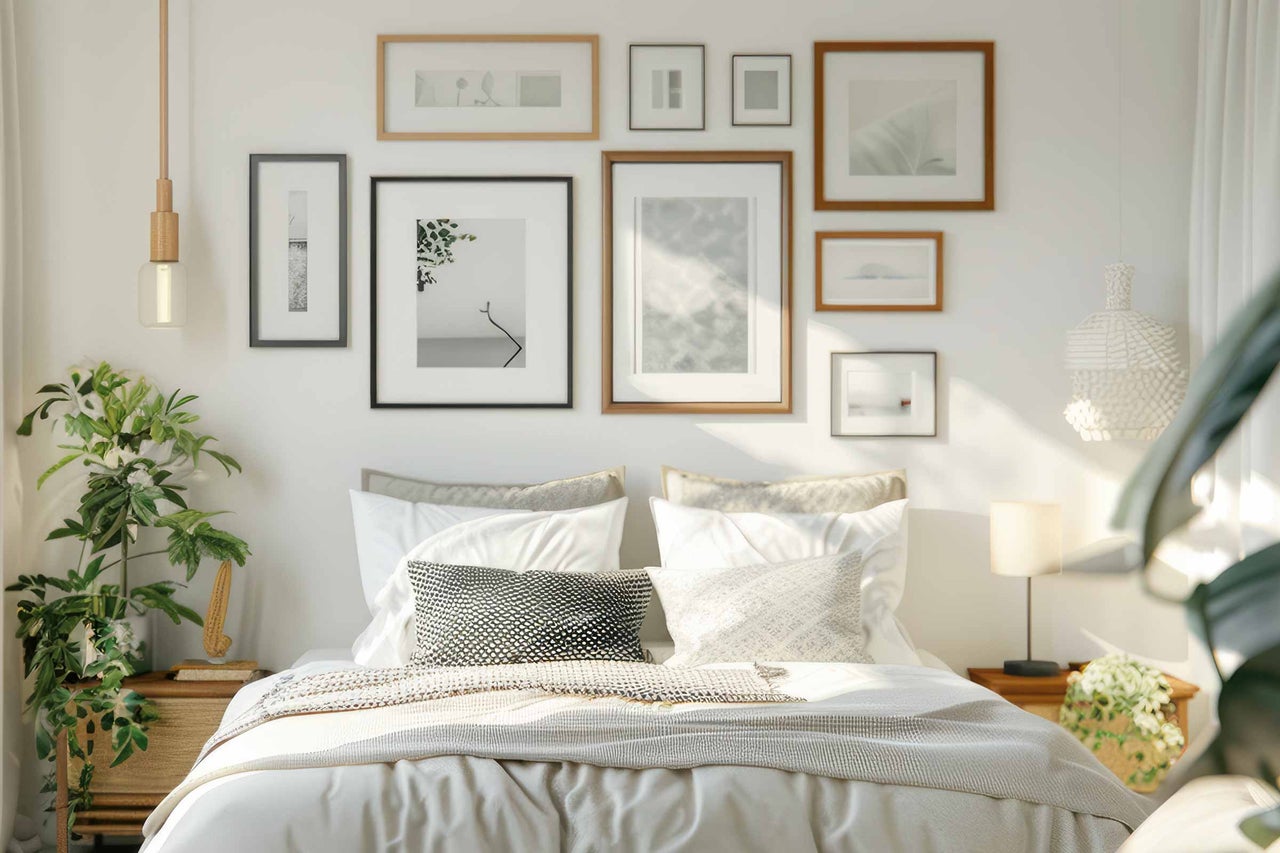 Schlafzimmer mit Bett, Nachttischen, Zimmerpflanzen, Wandbildern und Lampen