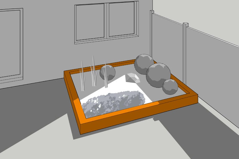 Illustration d'un parterre de jardin surélevé avec des plantes, du gravier et des boules décoratives