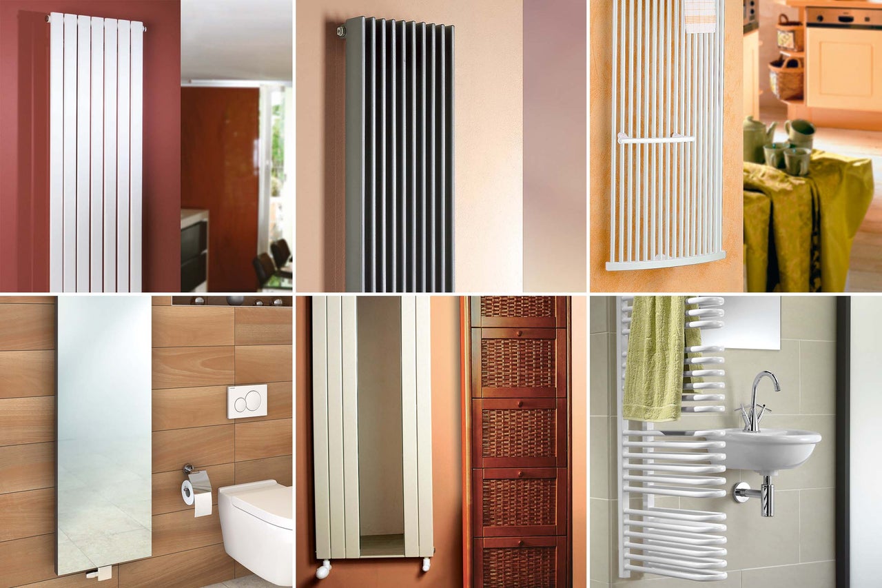 Kollage verschiedener Heizkörper und Badmöbel für das Badezimmer